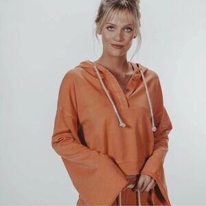 The Normal Brand Hoodie Crop Top Coral Drawstring Bell Sleeve Size Small‎